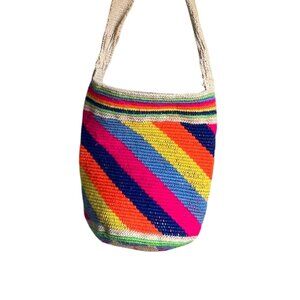 Handmade Bucket Bag Multicolor Rainbow Striped Crochet Shoulder/Crossbody